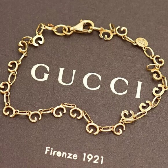 GUCCI G Logo Link Chain Bracelet 6.8" 18 Yellow Gold Auth w/Box d1144 - Picture 1 of 16